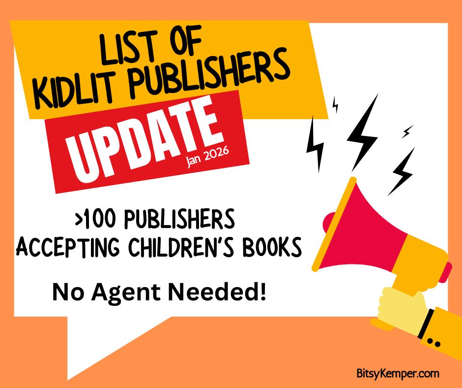 Image with bullhorn saying "No Agent No Problem! 100 publishers accepting children's book"